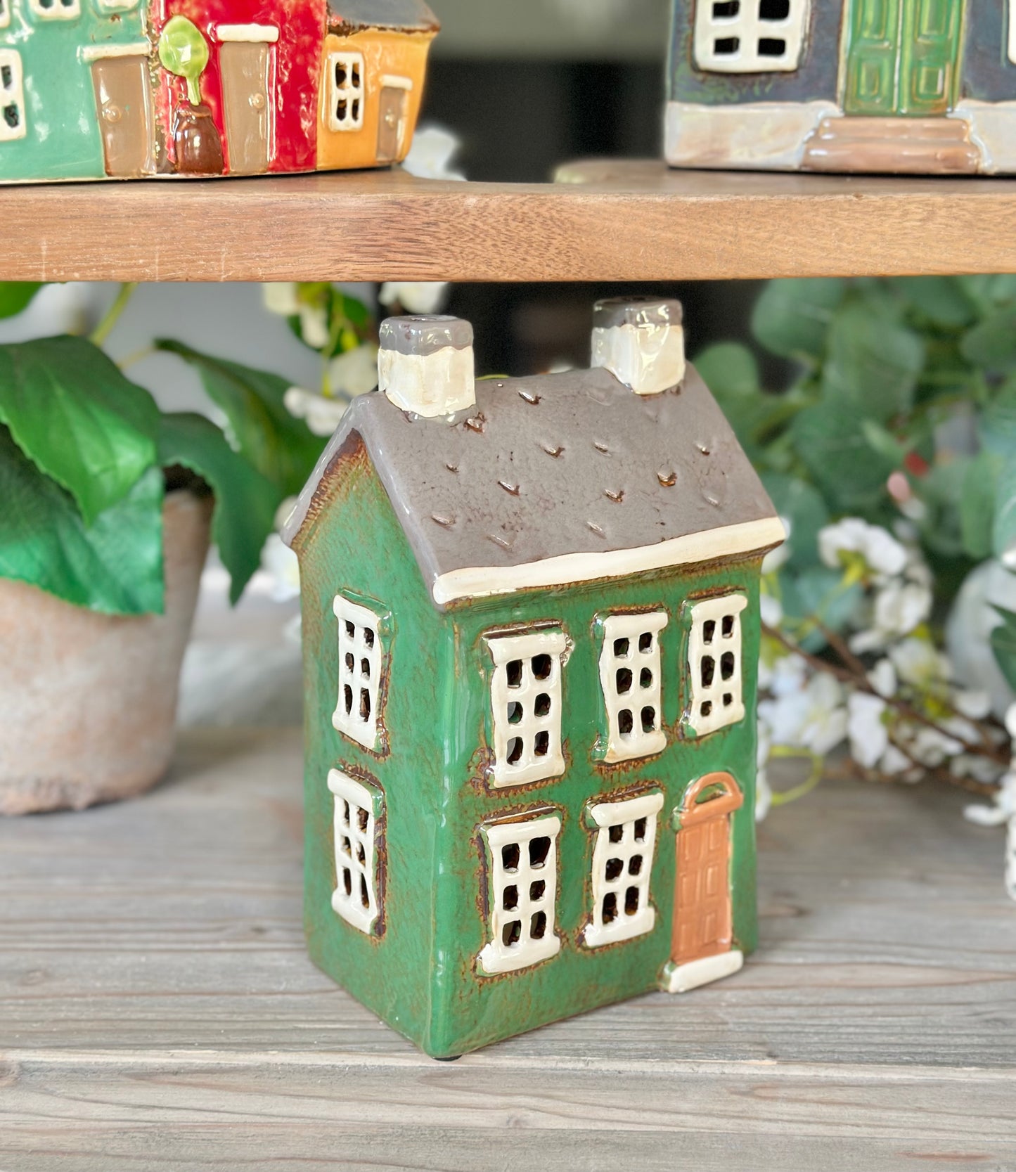 Grey/ Green Ceramic House/Cottage Candle Holder