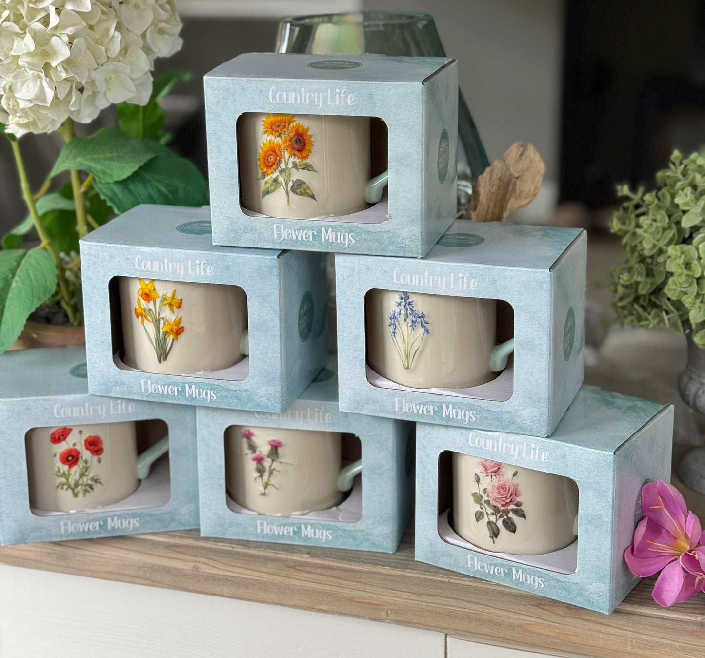 Stoneware Embossed Mug - Rose, Sunflower, Thistle, Bluebells, Daffodil and Poppy