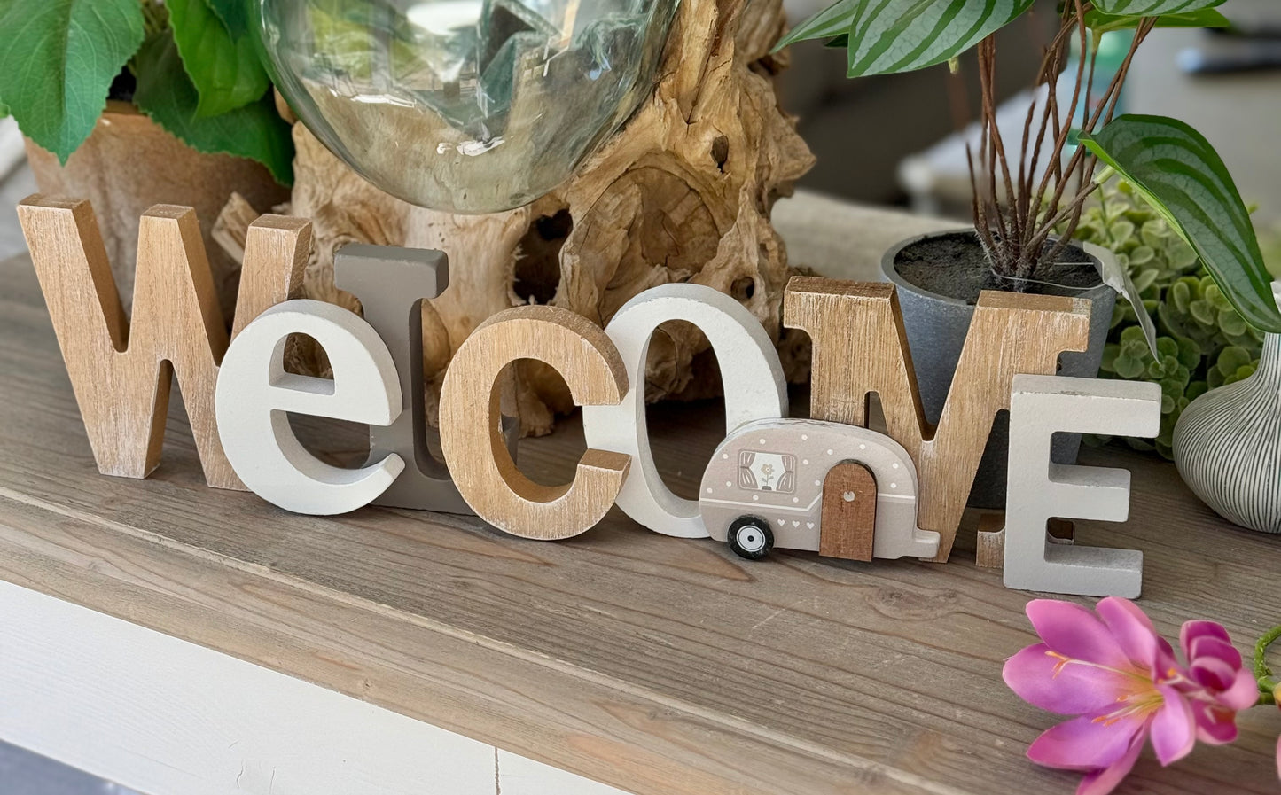 Wooden Welcome Sign with Camper Decor