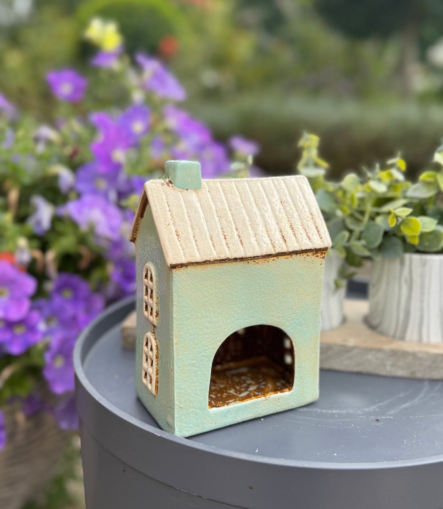Ceramic Teal Village Gift Shop Candle Holder
