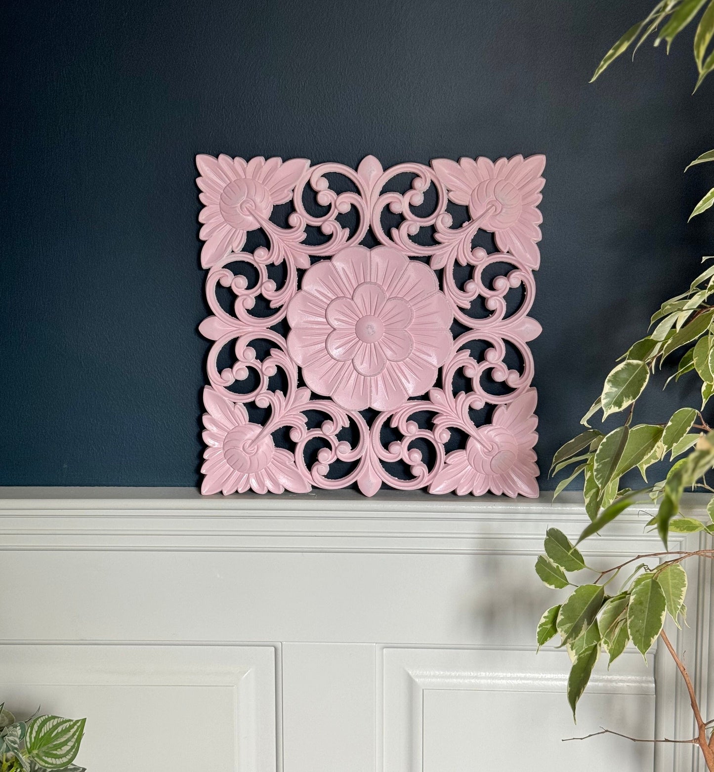 Floral Pink Painted Carved Square