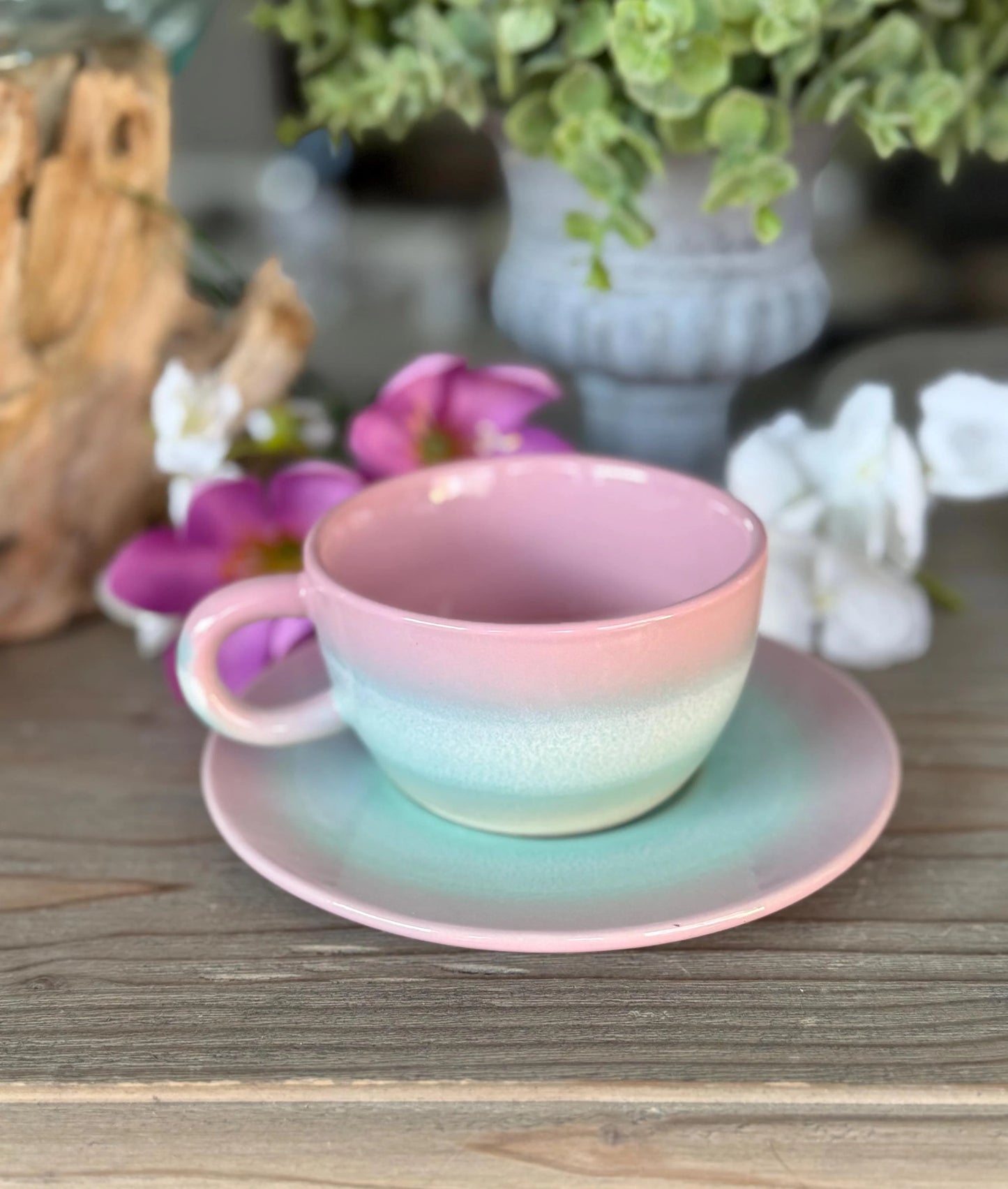 Pastel Tea Cup and Saucer Set: Pink/Green