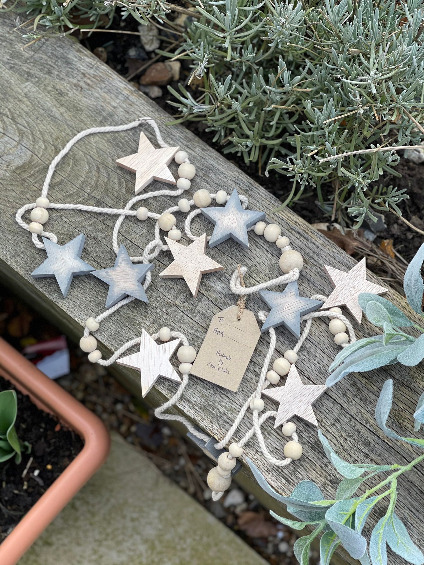East of India bead & star bunting - Natural and grey. 2 metres