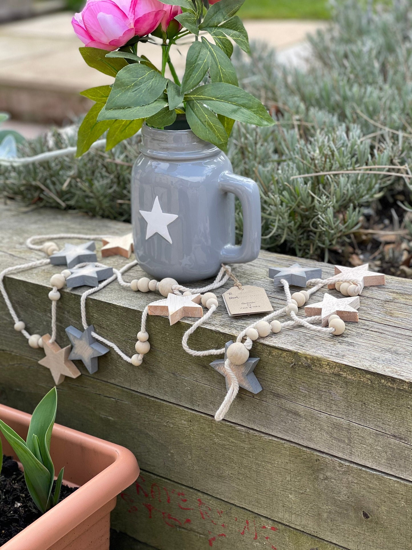 East of India bead & star bunting - Natural and grey. 2 metres
