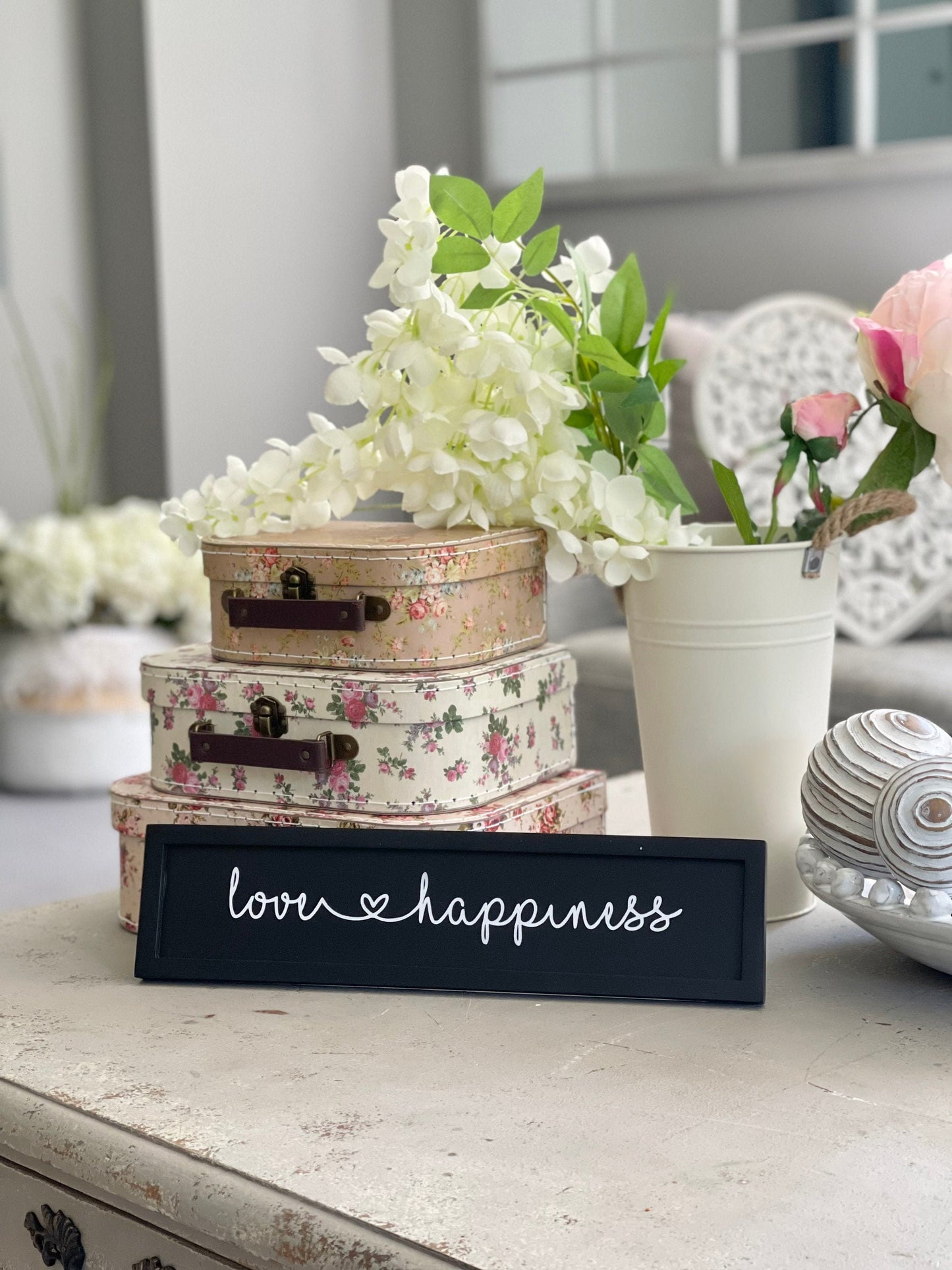 Love & Happiness. Wooden Black and White Sign