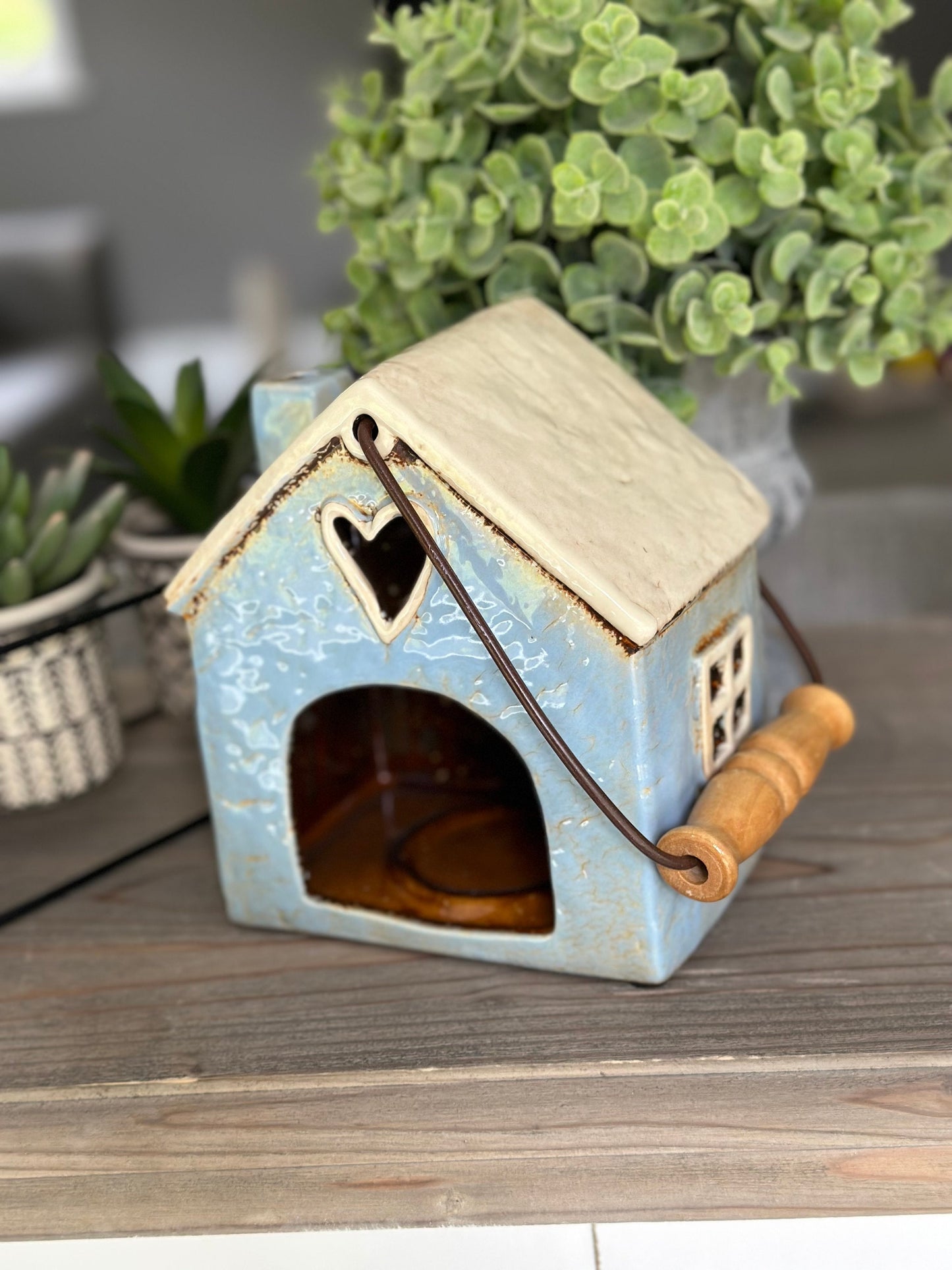 Pale Blue Ceramic House/Cottage Candle Holder with Handle