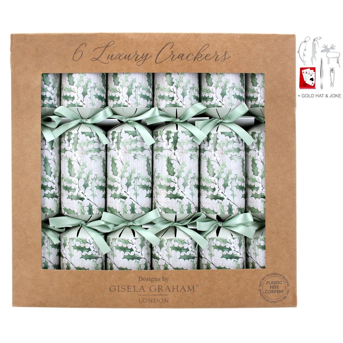 Box of 6 Luxury Christmas Crackers - Holly & White Berries