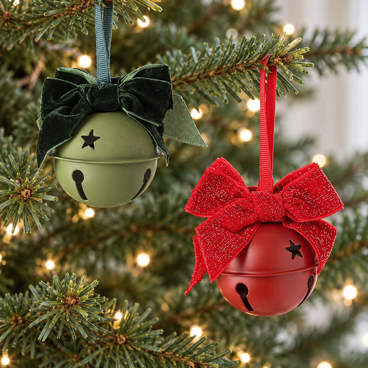 Red And Green Round Christmas Bells with Bows