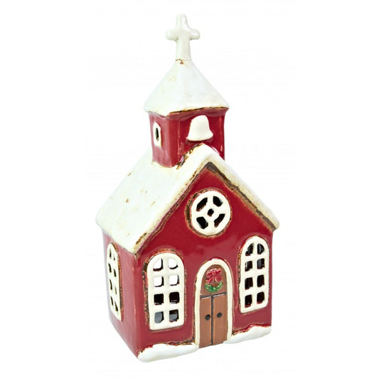 Red Ceramic Christmas Church Candle Holder