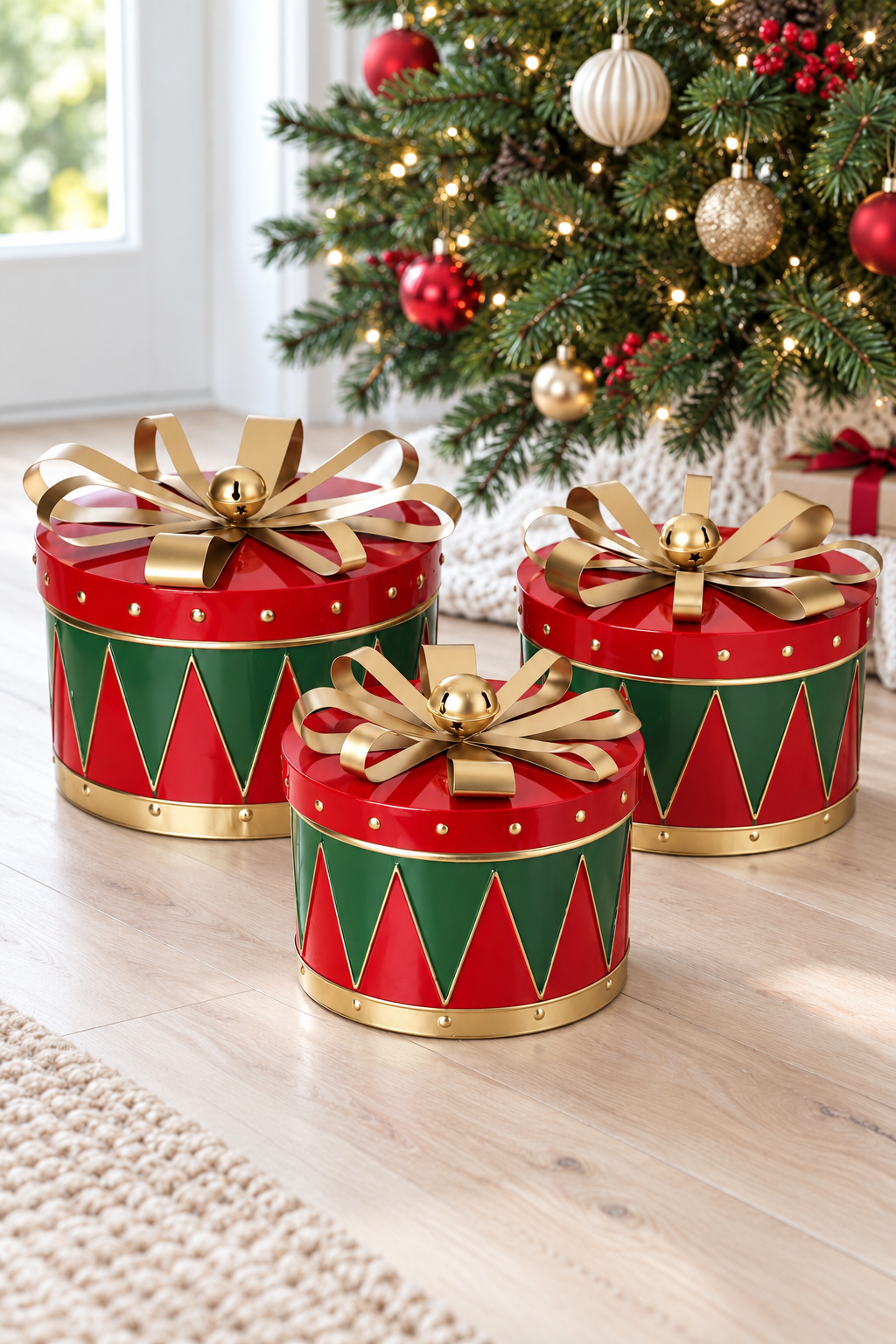 Christmas Metal Drum Set with Bow & Bell Lids