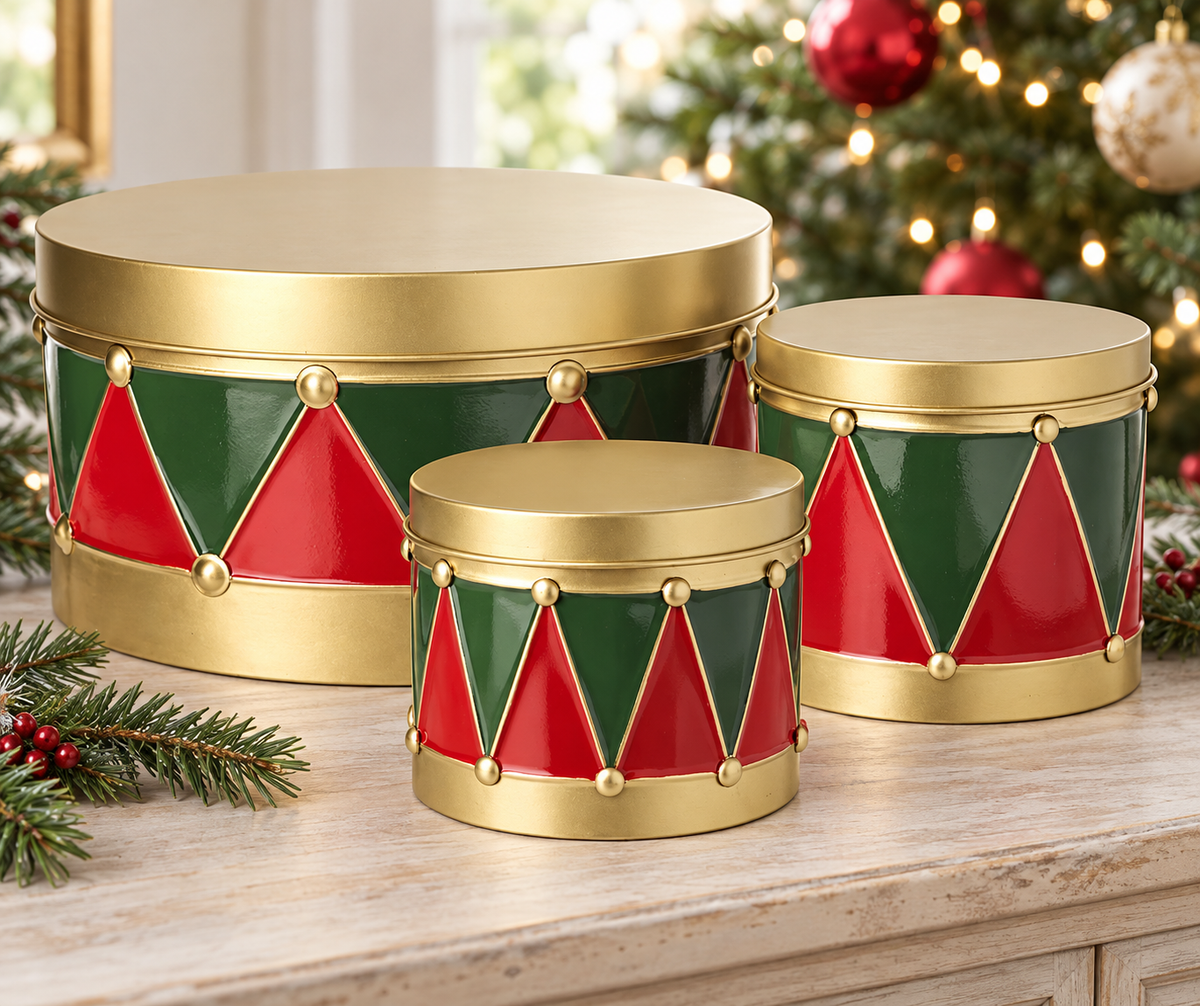 Gold Red Green Metal Drum Tin Set