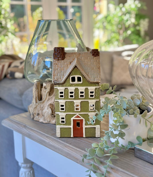 Sage Ceramic House/Cottage Candle Holder - 27cm
