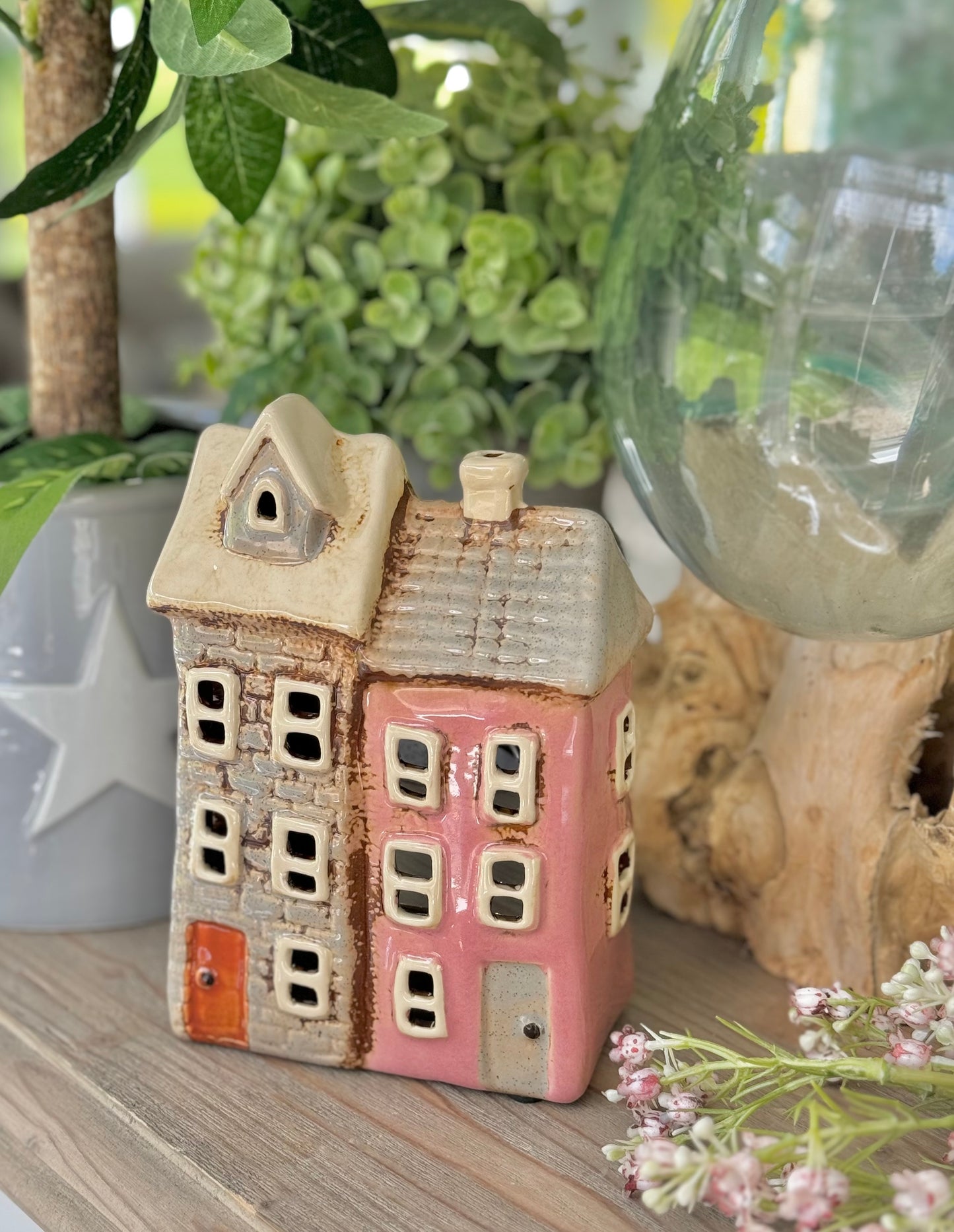 Pink and Grey Ceramic Double Townhouse Tealight Holder