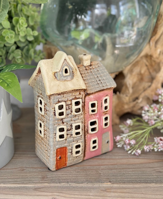 Pink and Grey Ceramic Double Townhouse Tealight Holder