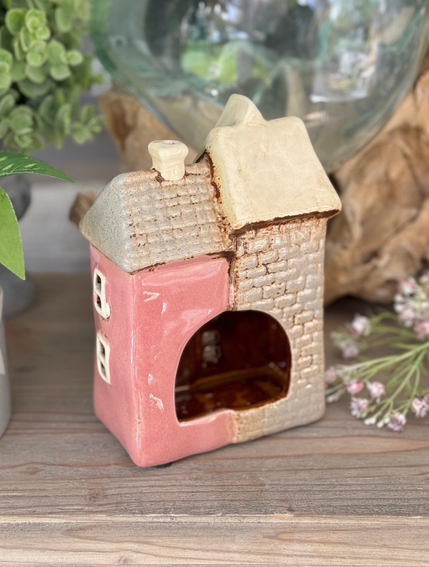 Pink and Grey Ceramic Double Townhouse Tealight Holder