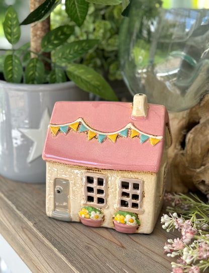 Pink Ceramic Bunting Tealight House/Candle Holder