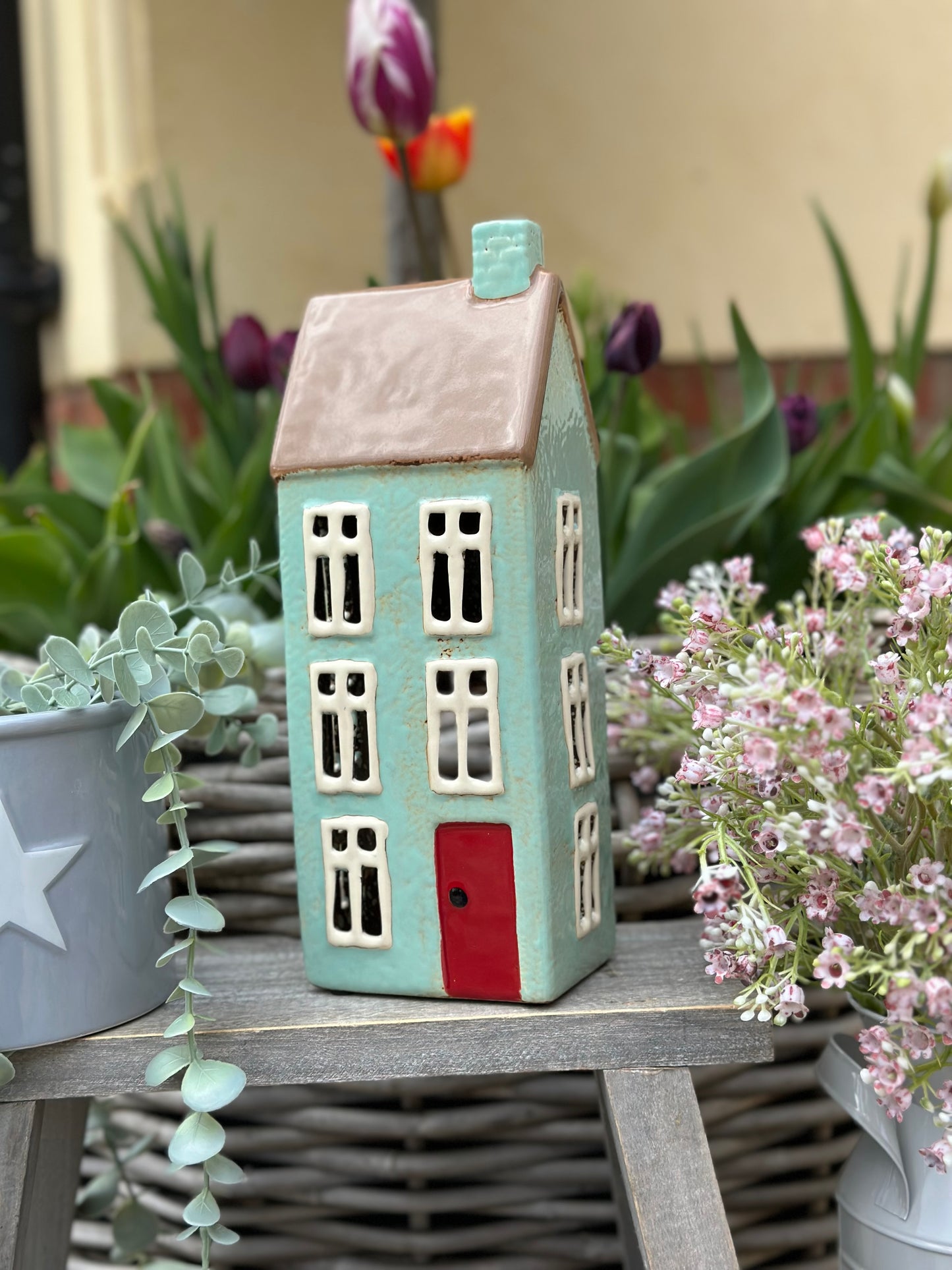 Turquoise Ceramic House/Cottage Candle Holder