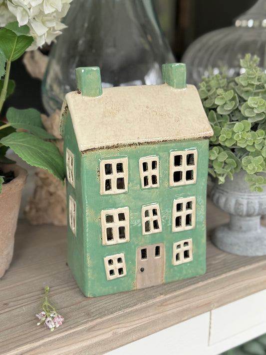 Teal Ceramic House /Cottage Candle Holder