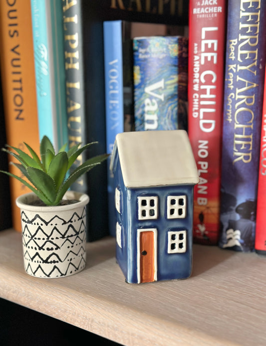 Navy Blue Glazed Ceramic Town House Tea light