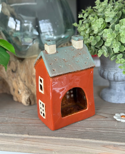 Burnt Orange Ceramic Townhouse Candle Holder