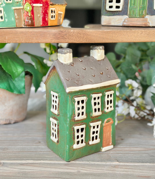 Grey/ Green Ceramic House/Cottage Candle Holder