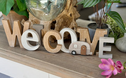 Wooden Welcome Sign with Camper Decor