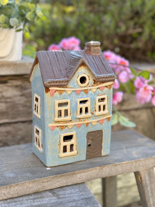 Blue Townhouse with Bunting Ceramic Tealight