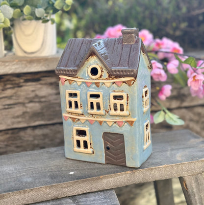Blue Townhouse with Bunting Ceramic Tealight