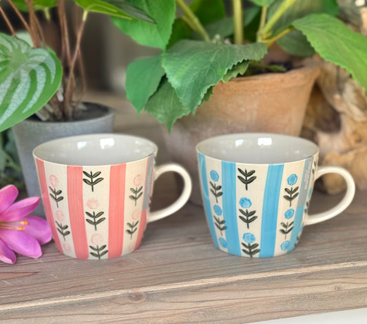 Floral Striped Stoneware Mug- 2 Colour Options Available.