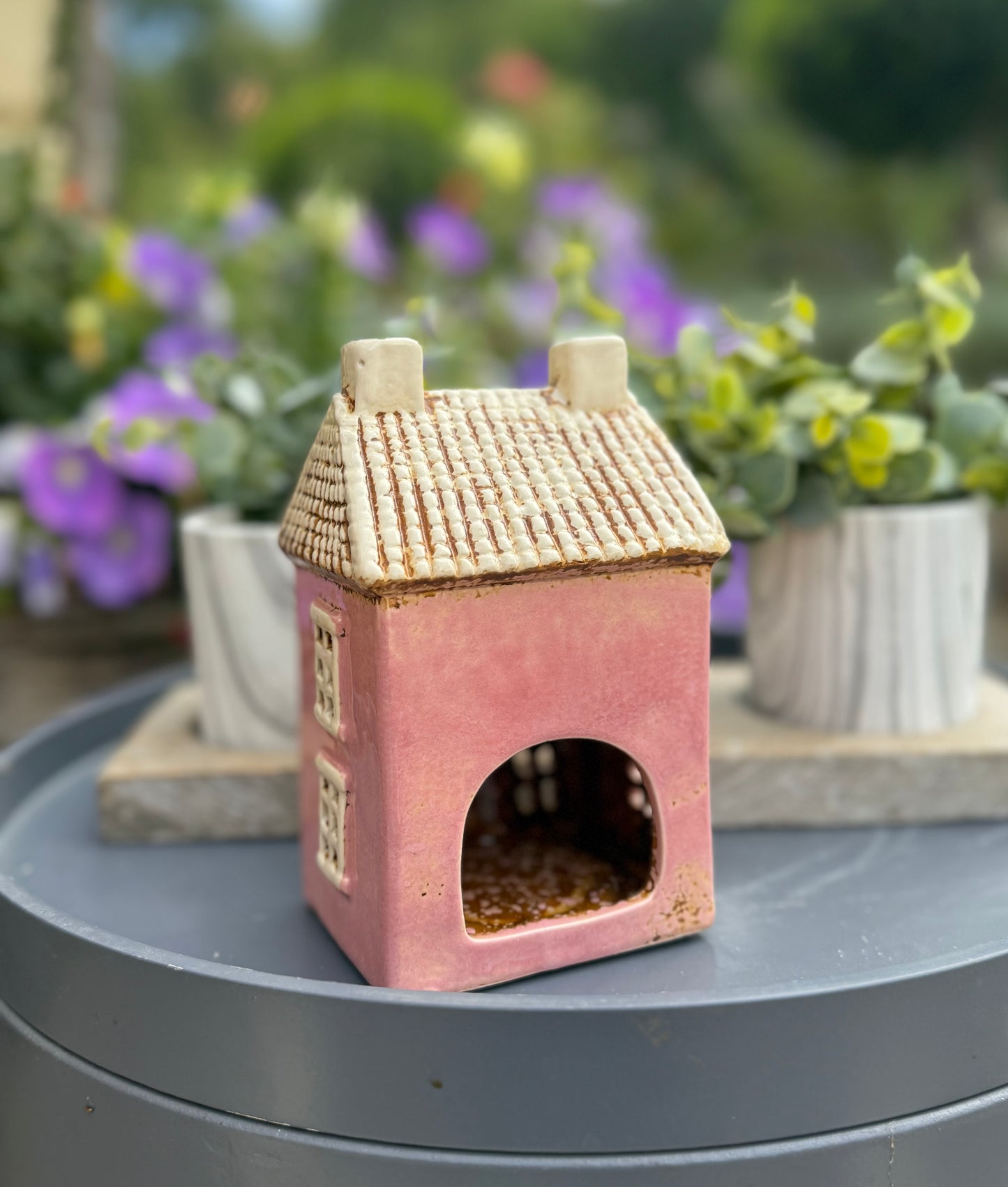 Ceramic Pink Village Cafe Candle Holder