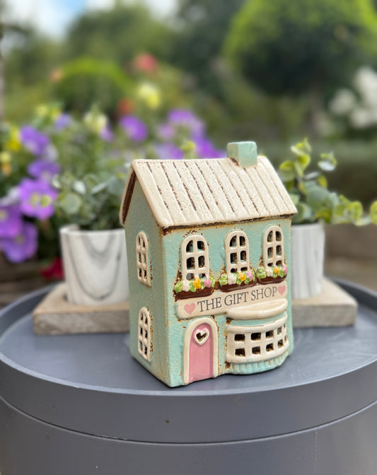 Ceramic Teal Village Gift Shop Candle Holder