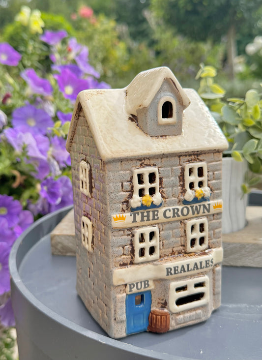Ceramic Grey Village Crown Pub Candle Holder