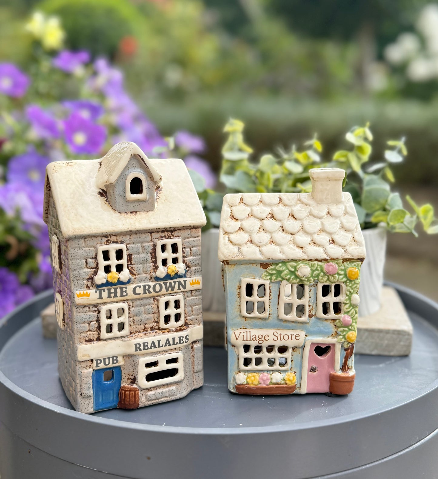 Ceramic Grey Village Crown Pub Candle Holder