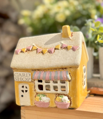 Ceramic Yellow Village Card Shop Candle Holder