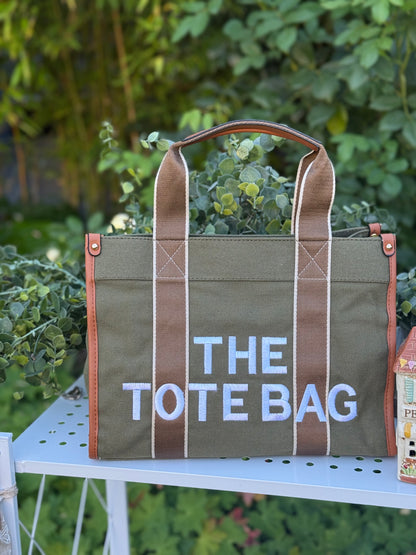 New Embroidered Tote Bag - Khaki Green