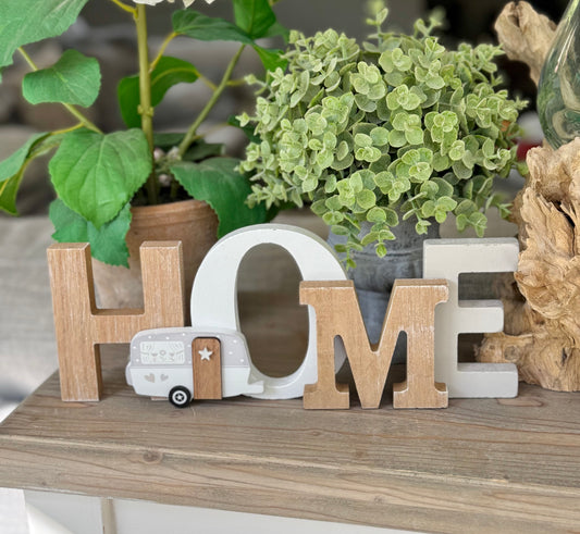 Freestanding Classic Wooden "HOME" Sign with Caravan