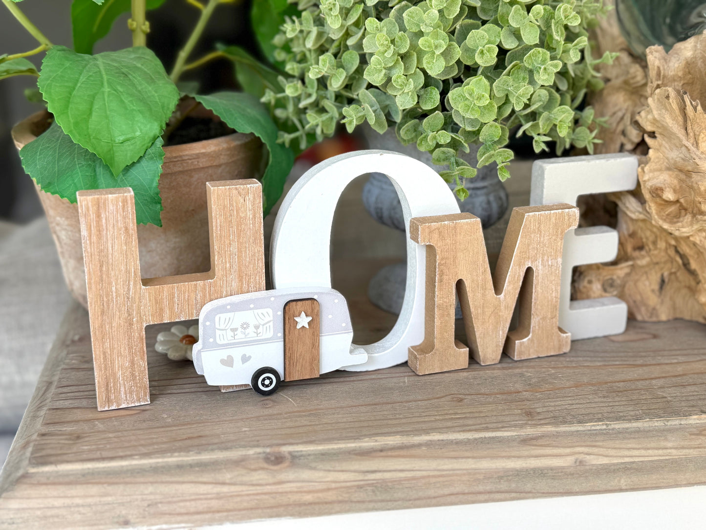 Freestanding Classic Wooden "HOME" Sign with Caravan