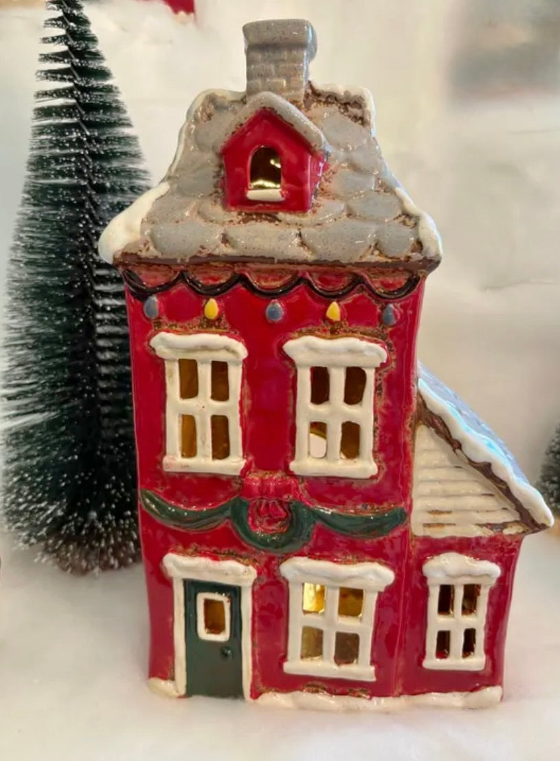 Red Ceramic Christmas Wreath Candle Holder House