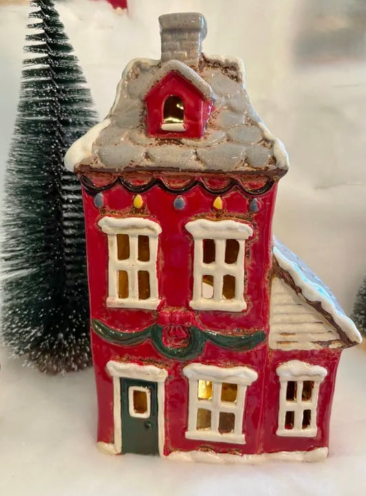 Red Ceramic Christmas Wreath Candle Holder House