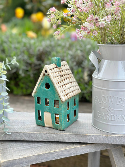 Turquoise Ceramic Townhouse/Cottage Candle Holder