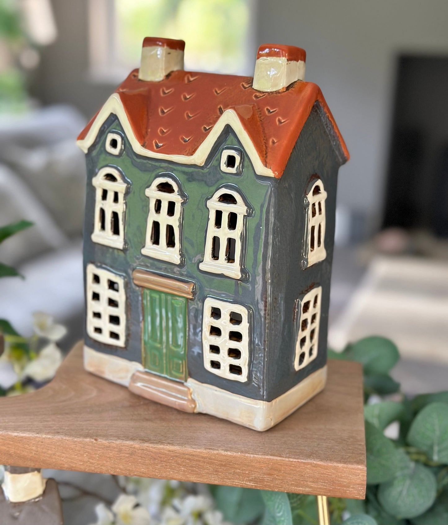 Blue/ Grey Ceramic House/Cottage Candle Holder