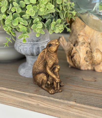 Bronzed Ornamental Sitting Hare and Baby