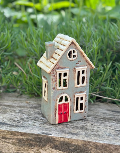 Duck Egg Traditional Village House /Cottage Candle Holder