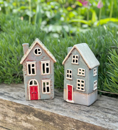 Duck Egg Traditional Village House /Cottage Candle Holder