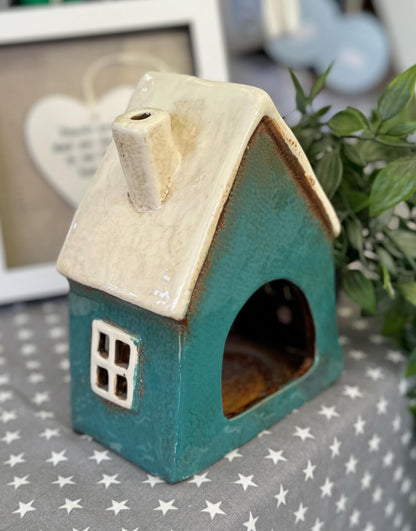 Teal Ceramic Heart House Tealight Holder