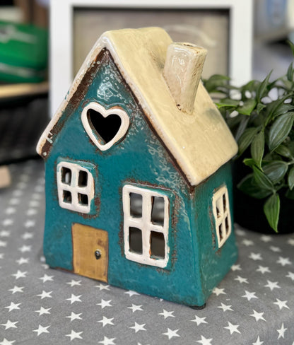 Teal Ceramic Heart House Tealight Holder