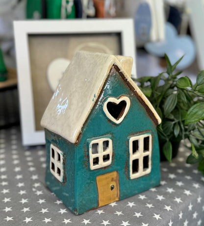 Teal Ceramic Heart House Tealight Holder