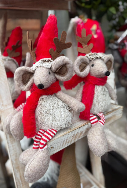 Super Soft Festive Sitting Mouse with Red Antler Hat