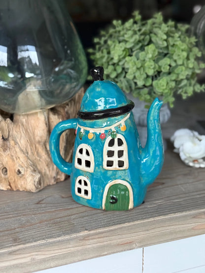 Blue Ceramic Teapot Candle Holder