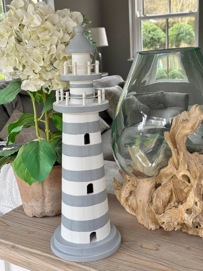 Nautical Wooden Lighthouse - White and Grey